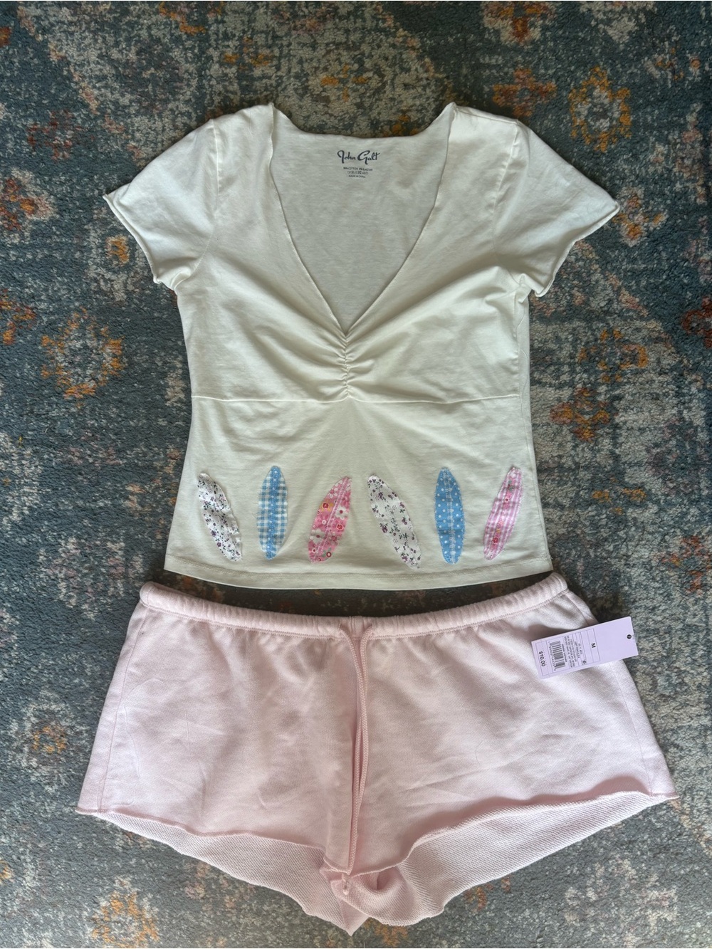 PacSun Cream Top with Pastel Appliqué & Light Pink Shorts Set